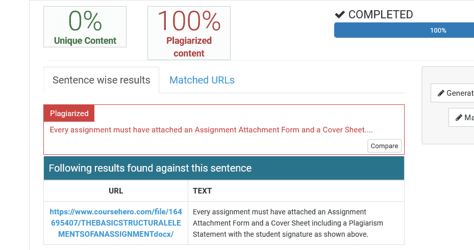 plagiarism assignment percentage